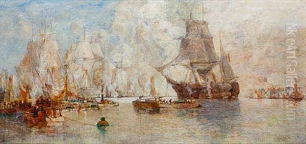 Riverscene And Shipping Oil Painting by James Kay