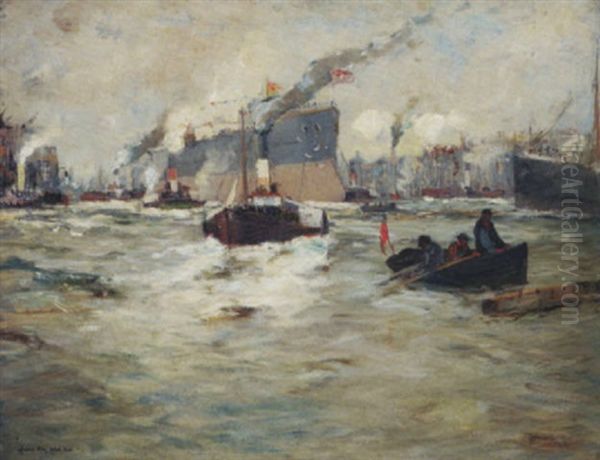 Launch Of Battleship, River Clyde Oil Painting by James Kay