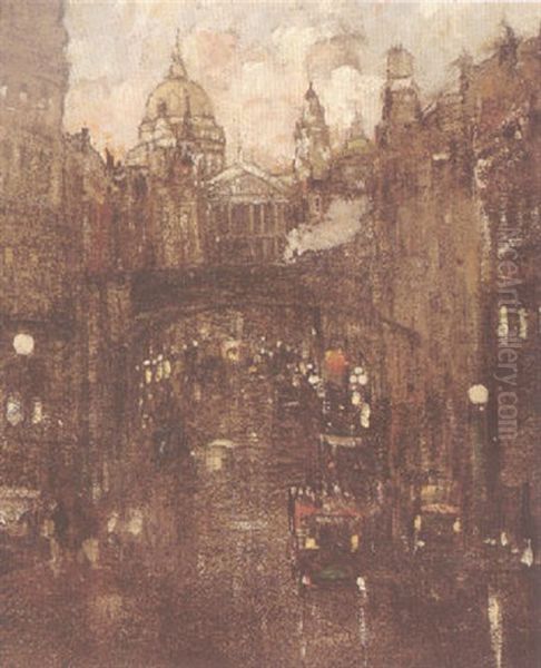 Twilight, Fleet Street At Ludgate Hill Oil Painting by James Kay