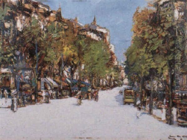 Figures In A Tree Lined Boulevard Oil Painting by James Kay