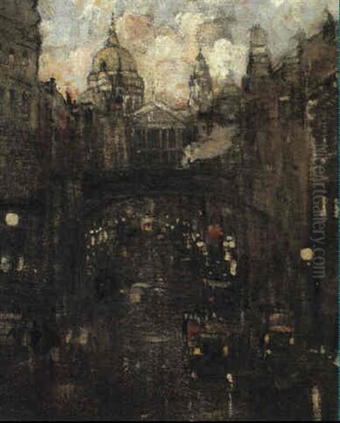 Twilight, Fleet Street At Ludgate Hill Oil Painting by James Kay