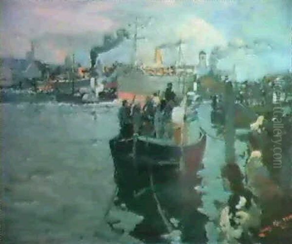 Speed The Troopship, River Clyde, Glasgow. Oil Painting by James Kay