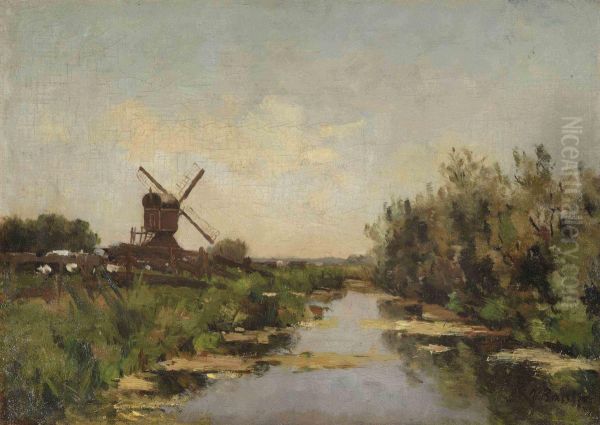 A Polder Landscape With A Windmill Along A River Oil Painting by Victor Bauffe