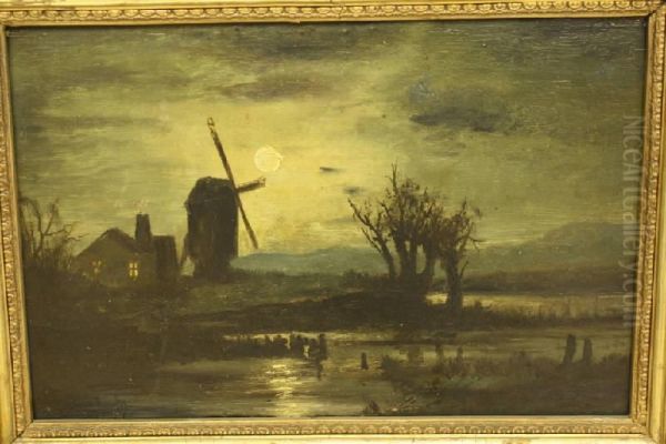 Molen In Landschap Bij Maanlicht Oil Painting by Victor Bauffe