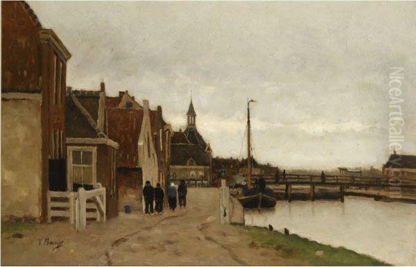 A Dutch Townview With Figures Along A Canal Oil Painting by Victor Bauffe