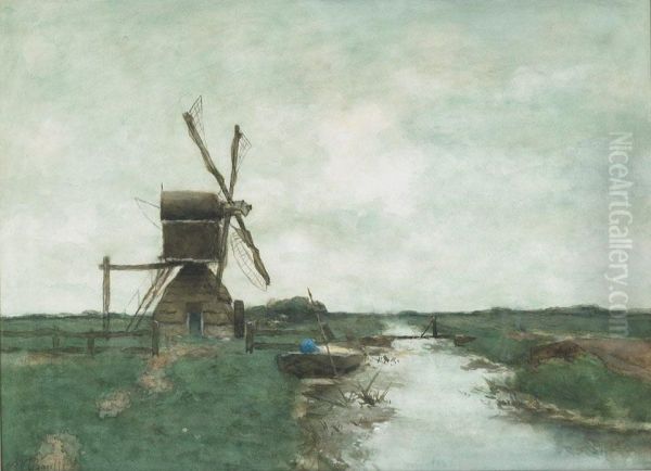 Dutch Landscape With A Farmer In His Boat By Awindmill Oil Painting by Victor Bauffe