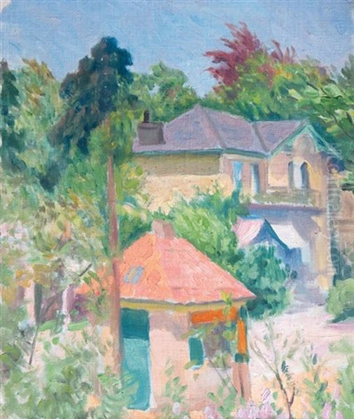 Roter Kiosk Und Gelbes Haus Beim Bahnhof Von Blankenese Oil Painting by Paul Kayser