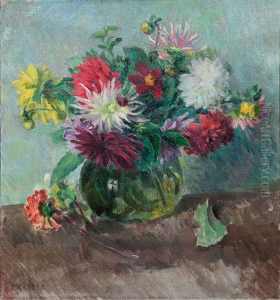 Dahlias In A Glass Vase Oil Painting by Paul Kayser