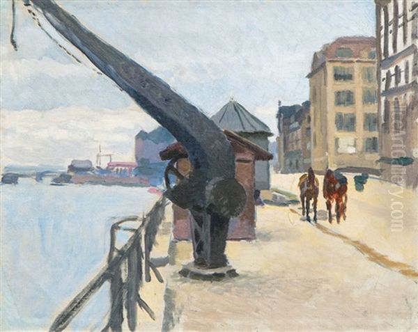 Crane In The Port Of Hamburg Oil Painting by Paul Kayser