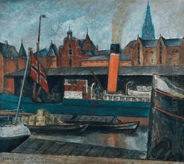 Elbschlepper Am Kai, Speicherstadt Hamburg Oil Painting by Paul Kayser