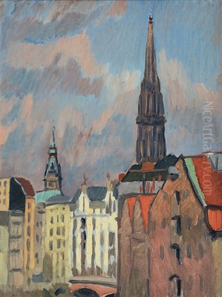 Magazines Of The Port Of Hamburg And Tower Of St. Niclas Oil Painting by Paul Kayser