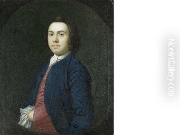 Portrait Of A Gentleman, Half-length, In A Blue Coat And Red Waistcoat Oil Painting by William Keable