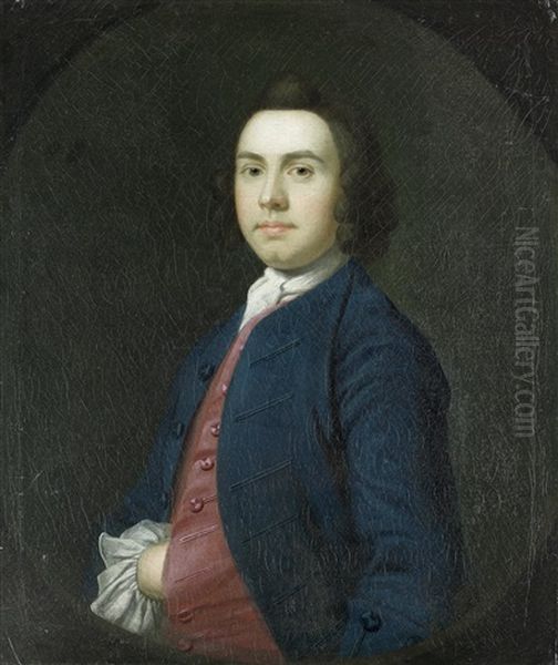 Portrait Of A Gentleman, Half-length, In A Blue Coat And Red Waistcoat by William Keable