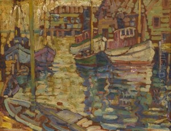 Boats In A Harbor Oil Painting by Susette Inloes Schultz Keast