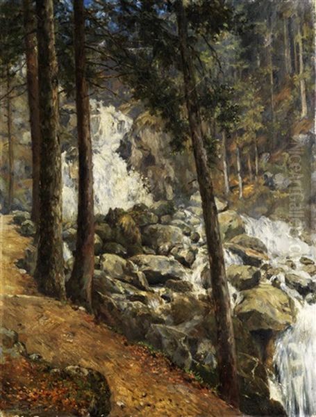 Waldlandschaft Mit Blick Auf Einen Felsigen Wasserfall Unter Baumen Oil Painting by Friedrich Wilhelm Keck