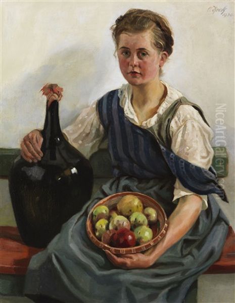 Madchen Mit Obstkorb Und Weinflasche Oil Painting by Otto Keck