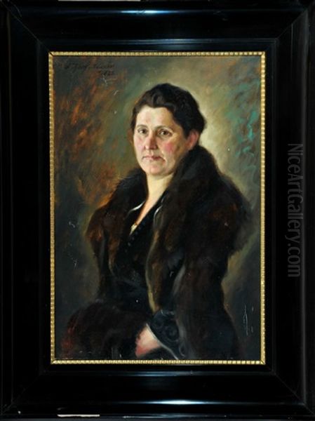 Halbportrait Von Frau Fischer Aus Lindenberg In Schwarzem Kleid Mit Pelzumhang Und Muff Oil Painting by Otto Keck