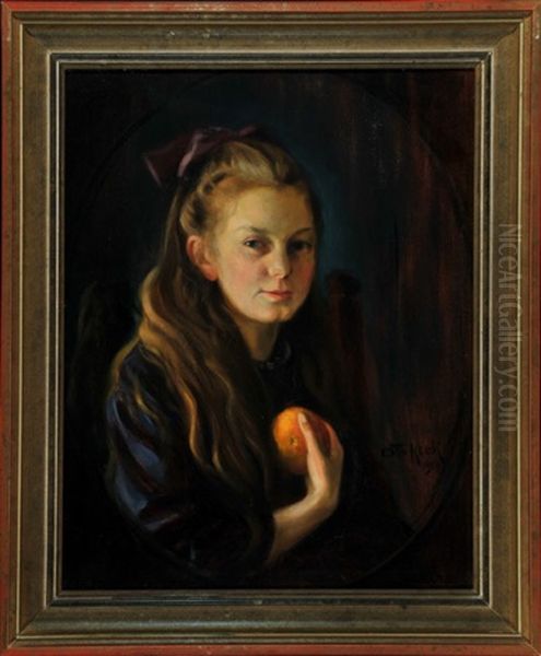 Portrait Auguste Linz Als Madchen Mit Orange (geb. Fischer, Lindenberg/allgau) Oil Painting by Otto Keck