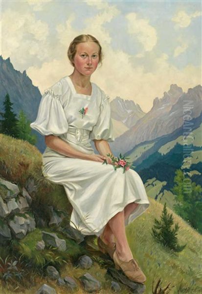 Bergfruhling. Portrait Der Paula Weis Vor Gebirgshintergrund Oil Painting by Otto Keck