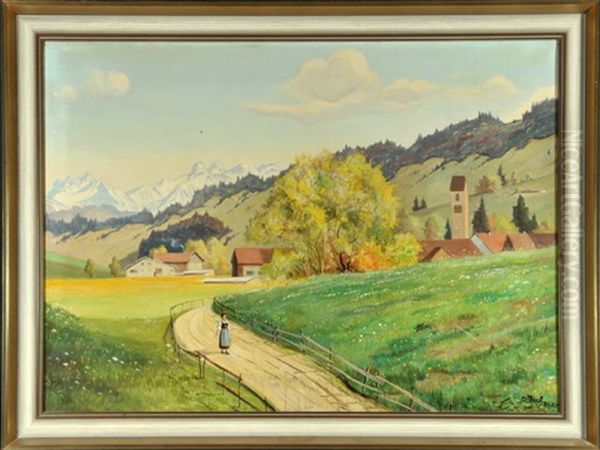 Bauerin Auf Weg Vor Dorf Im Oberallgau Mit Schneebedeckten Berggipfeln Im Hintergrund Oil Painting by Otto Keck