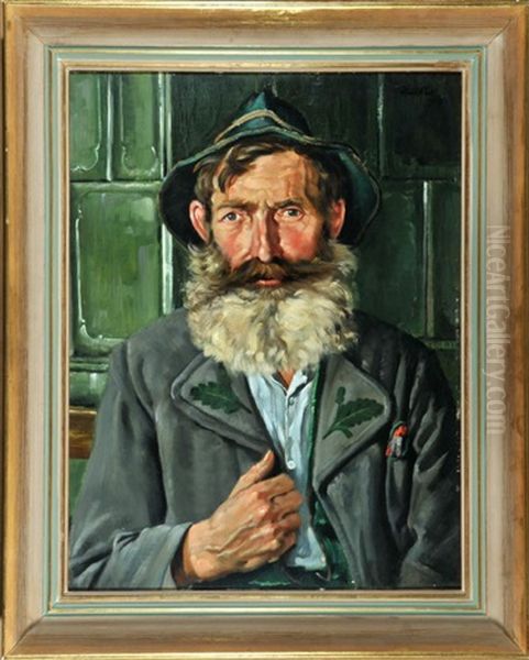 Portrait Eines Bartigen Mannes In Tracht Am Kachelofen Oil Painting by Otto Keck