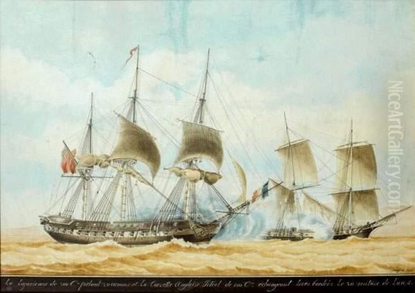 Combat Naval Oil Painting by Jean Jerome Baugean