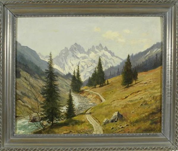 Gebirgsfluss Mit Tannen Und Schneebedeckten Gipfeln Im Hintergrund by Otto Keck