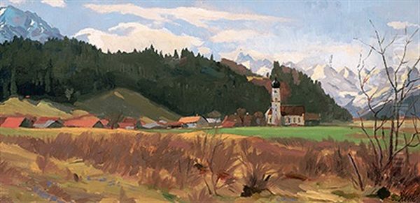 Blick Auf Das Kirchdorf Altstadten Mit Besonntem Verschneiten Churfirsten-massiv Oil Painting by Otto Keck