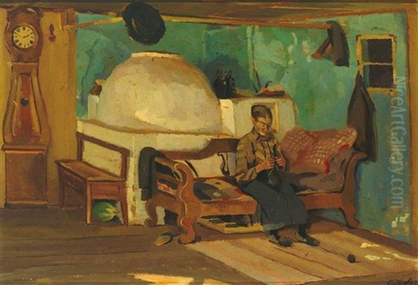 Blick In Eine Gute Stube Mit Strickender Grosmutter Auf Biedermeiersofa Vor Kachelofen Oil Painting by Otto Keck