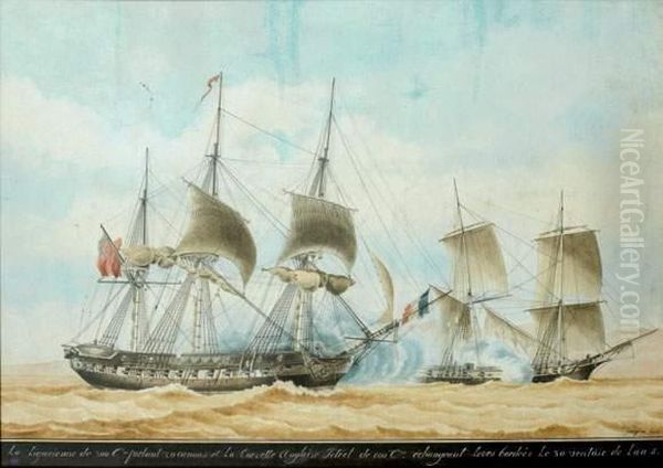 Combat Naval Devant Marseille Oil Painting by Jean Jerome Baugean