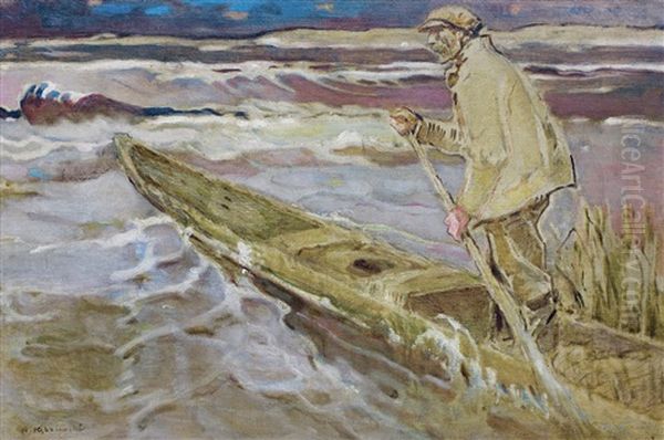 Fisherman In A Boat Oil Painting by Apoloniusz Kedzierski