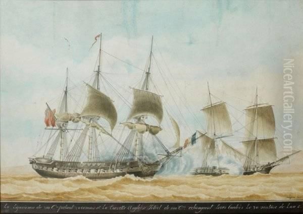 Combat Naval Oil Painting by Jean Jerome Baugean