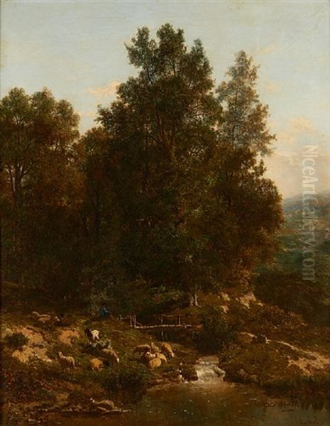 Berger Et Son Troupeau Au Bord De La Riviere Oil Painting by Frans Keelhoff