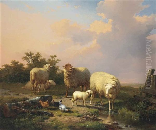 Sheep And Chickens In An Extensive Landscape With A Town Beyond Oil Painting by Frans Keelhoff