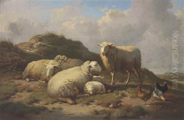 Sheep And Chickens In A Landscape Oil Painting by Frans Keelhoff