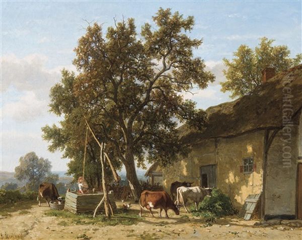 Vaches Dans La Cour D'une Ferme Oil Painting by Frans Keelhoff