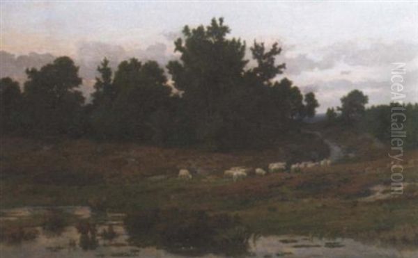 Leading The Flock Over The Heath At Dusk Oil Painting by Frans Keelhoff