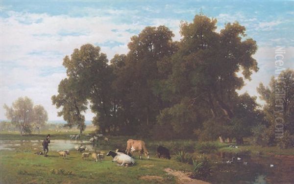 A River Landscape With A Shepherd And His Flock Resting Oil Painting by Frans Keelhoff