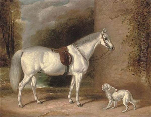 A Saddled Grey Hunter And Hound Waiting For Their Master Oil Painting by E.J. Keeling