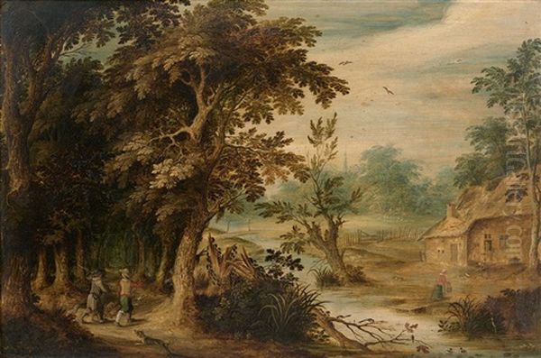 Chasseurs Dans Un Paysage De Foret En Bord De Riviere Oil Painting by Alexandre Keerincks