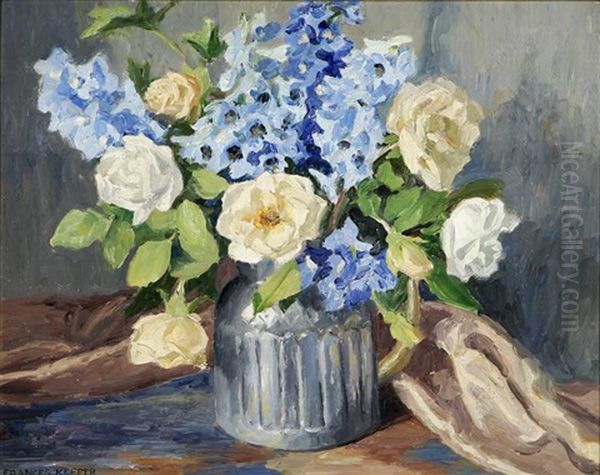 Delphinium And Roses Oil Painting by Frances Keffer