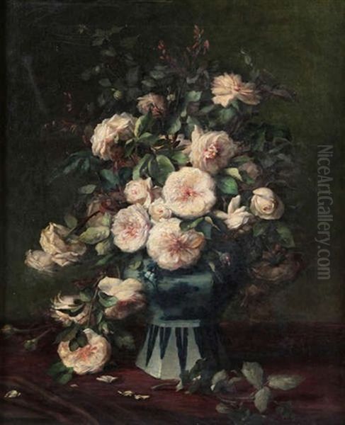 Nature Morte Aux Roses Blanches Dans Un Vase De Delft Oil Painting by Desire de Keghel