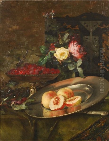 Peches, Framboises Et Roses Sur Une Table Oil Painting by Desire de Keghel