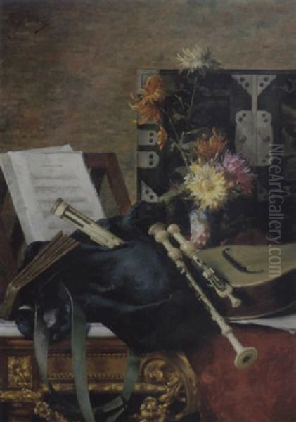 Stilleben Mit Blumen Und Musikanten Und Musikinstrumenten Vor Einem Lackkastchen Oil Painting by Desire de Keghel