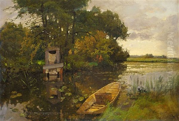 Boot Am Teichufer Bei Einem Kleinen Wehr Oil Painting by Karl Kehr