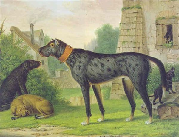 Vier Hunde Vor Dem Fenster Eines Alten Gebaudes, In Das Sich Die Katze Gefluchtet Hat Oil Painting by Christian Wilhelm Karl Kehrer