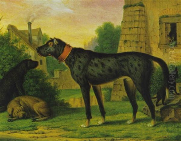 Vier Hunde Im Hof Einer Burg, Aus Deren Fenster Eine Katze Kritisch Die Szene Betrachtet Oil Painting by Christian Wilhelm Karl Kehrer