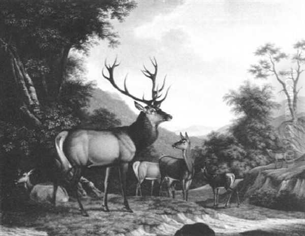 Ein Kapitaler Kronenhirsch Und Sein Gefolge Im Odenwald Oil Painting by Eduard Kehrer