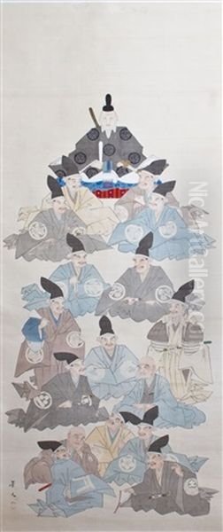 Figurengruppe, Bestehend Aus Dem Shogun Oben An Der Spitze Und 16 Daimyo, Identifizierbar An Ihren Grosen Wappen Auf Der Kleidung Oil Painting by Matsumura Keibun