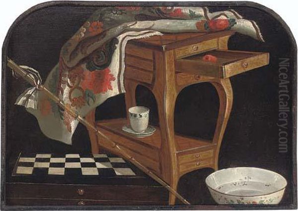 A Partly-draped Louis Xiv Occasional Table, A Chess Board, A Bamboo Cane And A Porcelain Cup And Bowl Oil Painting by Lubin Baugin